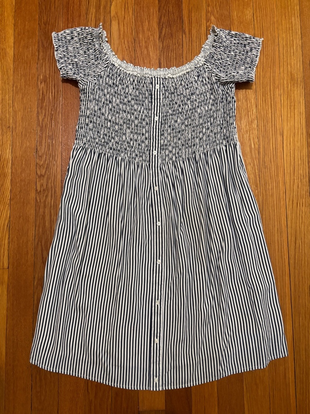 Abercrombie & Fitch Navy and White Striped Smocked Dress Off the Shoulder